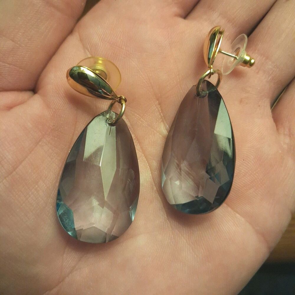 Faceted Smokey Blue Glass Teardrop Dangle Earrings Gold Tone Post Pierced Charm